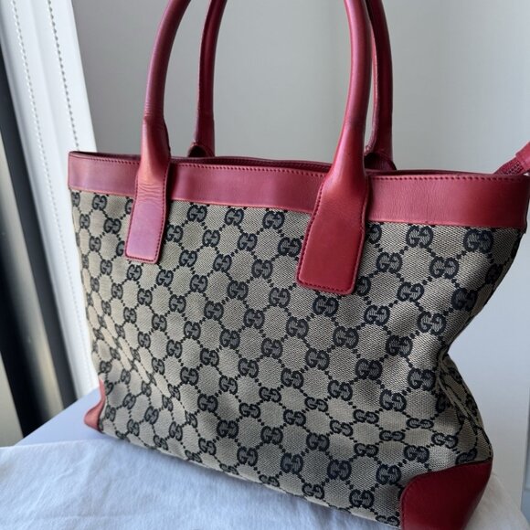 GUCCI Tote Bag GG Pattern Canvas Leather Beige Red Authentic - Picture 1 of 11